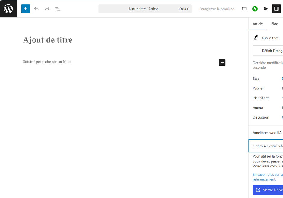 Capture d'écran : ajout de contenu sur WordPress